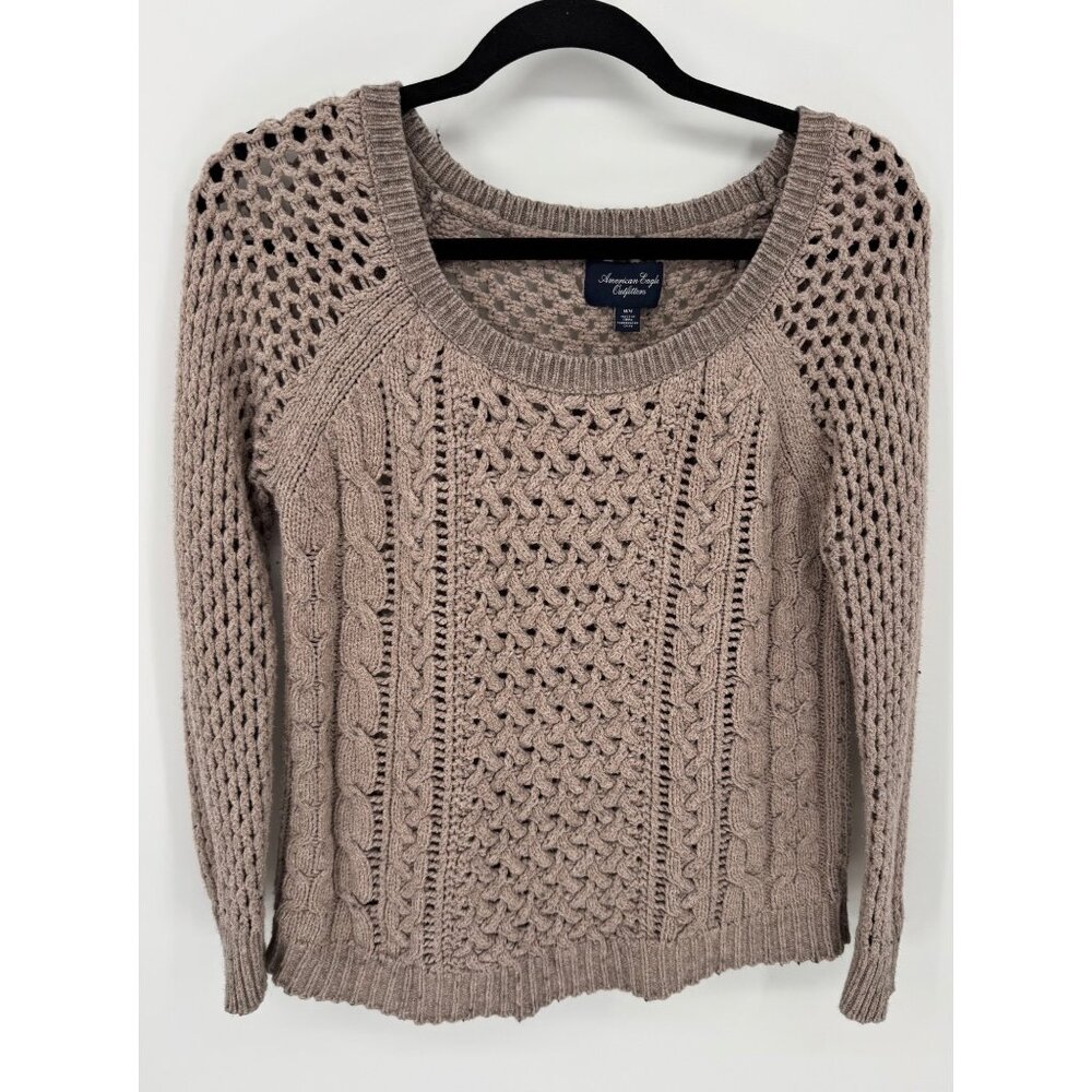 American Eagle Outfitters Taupe Open Knit Cable Wool Blend Sweater